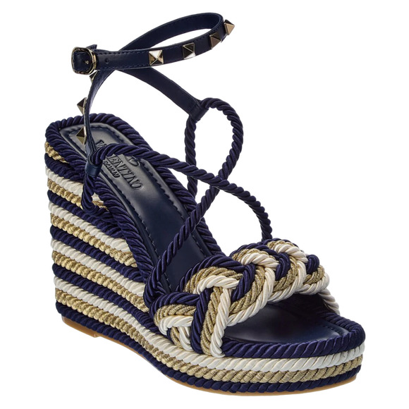 Valentino Rockstud Torchon Blue Stripe Cord Rope Wedge Ankle Strap Sandal 42 - Picture 1 of 12